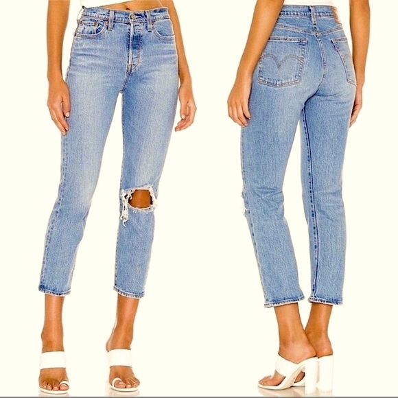 LEVI'S Premium Wedgie Straight Leg Ripped Blue Jeans Crop - Picture 10 of 10